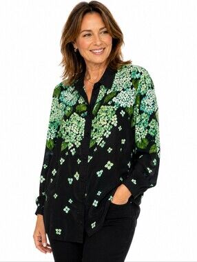 Vintage Bob Mackie Wearable Art Silk Beaded Floral Blouse XL Black Green